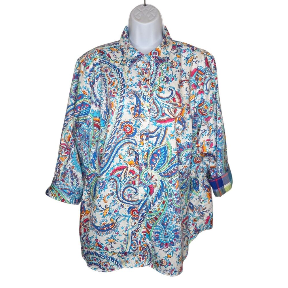 Chaps Women 2X No Iron Cotton Shirt Paisley Vibrant Plaid Cuffs NWOT